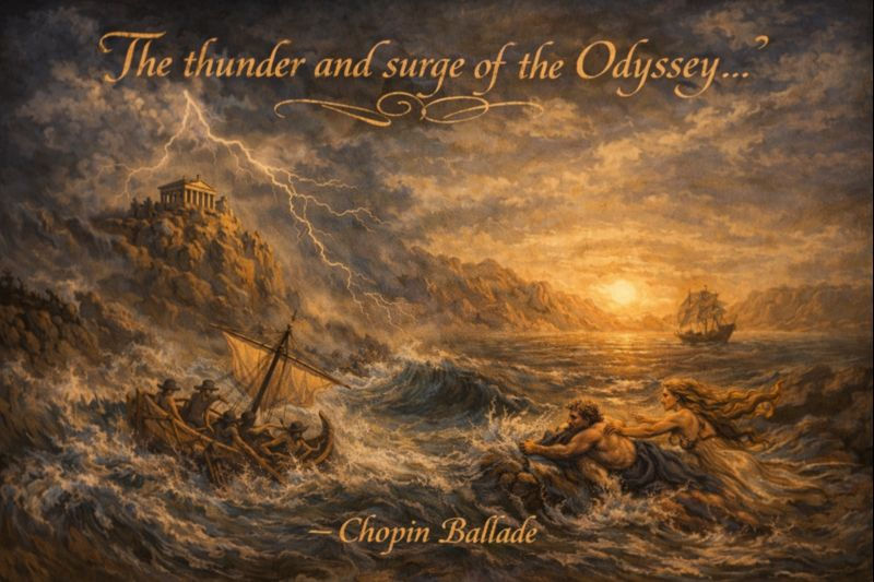 A turbulent seascape captures the essence of Chopin's Ballade, likened to "the thunder and surge of the Odyssey," with powerful waves, a determined crew, and mythical allure under a dramatic sky.