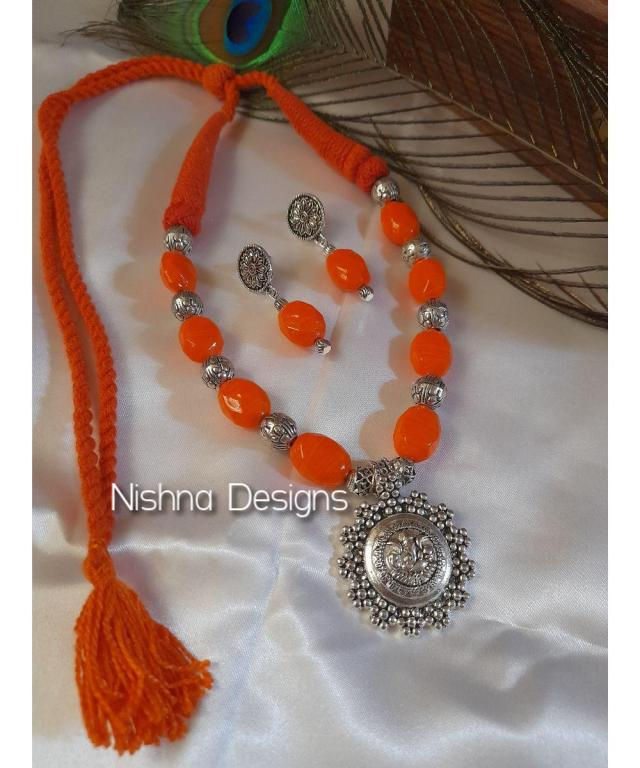Handmade Oxidized Silver Ganesha Pendant Orange beads Necklace Set