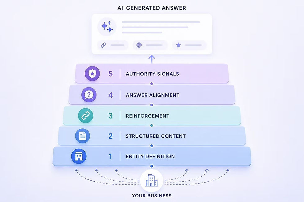 AI search visibility framework developed by AI Optimisation showing the five signals that influence inclusion in AI-generated answers: Entity Definition, Structured Content, Reinforcement, Answer Alignment, and Authority Signals. The infographic illustrates how businesses improve AI search visibility by becoming easier for AI systems to understand, trust, and recommend.