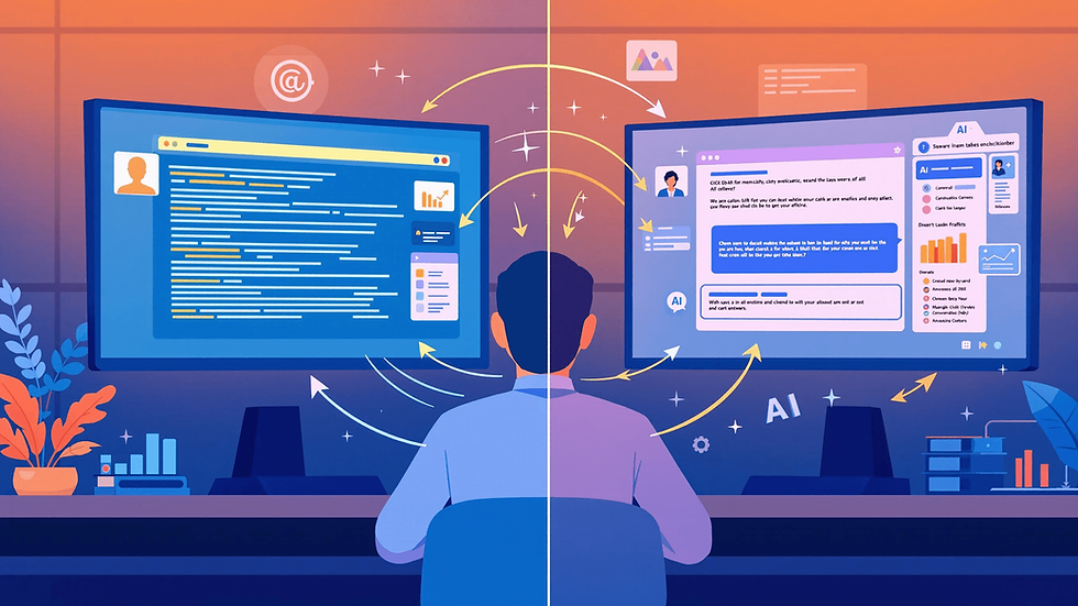 Visual comparison of traditional web search and AI search optimisation, showing a person using two screens — one with standard SEO-driven search results and one with AI-generated answers. Symbolic arrows highlight how AI tools change online visibility and website traffic.