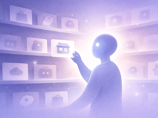 Illustration of an AI figure selecting a clearly defined brand card from a shelf of blurred brand icons.