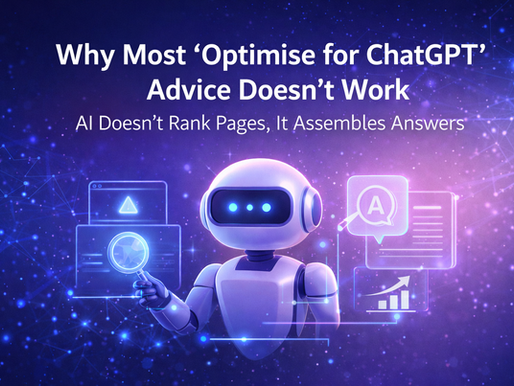 Diagram-style illustration showing an AI system assembling answers from multiple sources rather than ranking webpages, explaining why most “optimise for ChatGPT” advice fails.