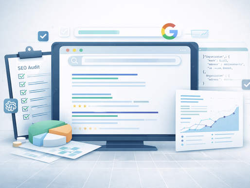 Illustration showing search results, content audits, and structured data representing a system-led approach to building trust and visibility in Google and AI search.