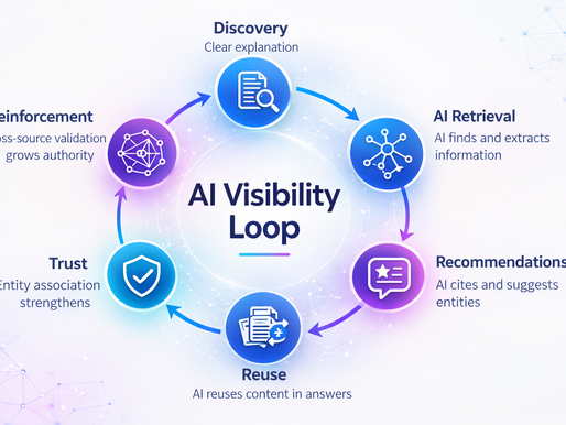 AI visibility loop showing how discovery, retrieval, recommendations, content reuse, trust and reinforcement build over time