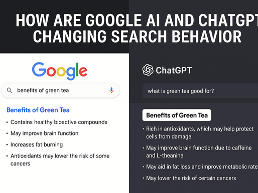 Split-screen comparison of Google search and ChatGPT. Left side shows Google results for “benefits of green tea,” listing bioactive compounds, brain function, fat burning, and cancer risk reduction. Right side shows ChatGPT answering “what is green tea good for?” with detailed benefits including antioxidants, L-theanine, and metabolic improvements. Title text above reads “How Are Google AI and ChatGPT Changing Search Behaviour.”