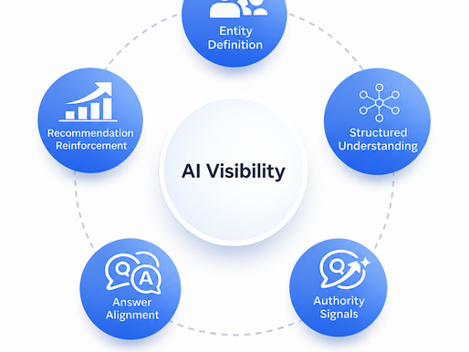 Diagram of the AI Visibility Engine™ framework showing the five stages of AI visibility optimisation: Entity Definition, Structured Understanding, Authority Signals, Answer Alignment, and Recommendation Reinforcement.