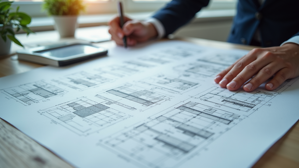 High angle view of architectural blueprints spread across a desk