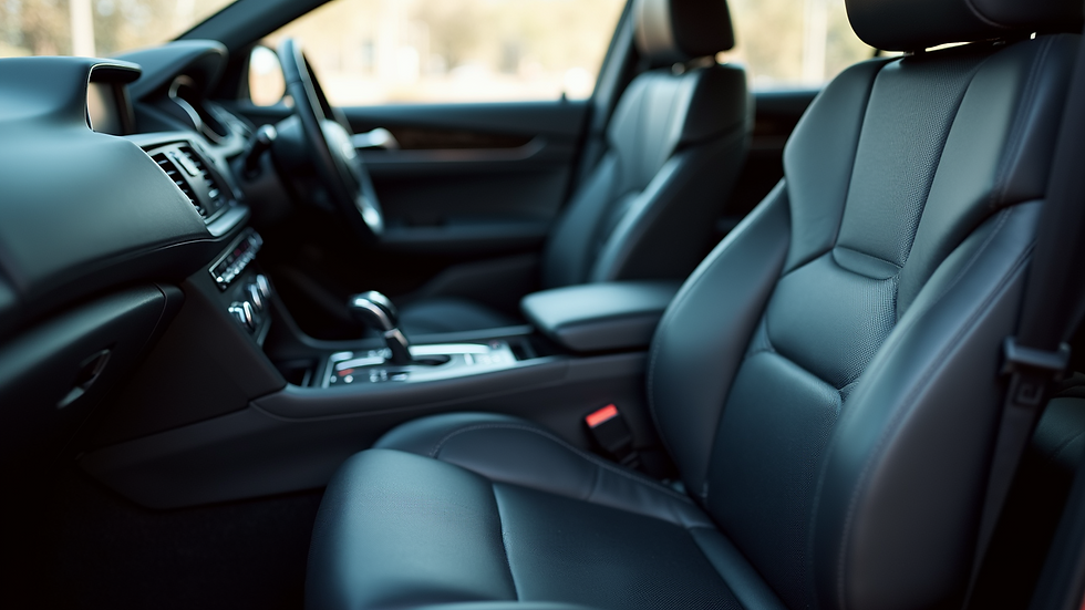 Close-up view of a clean car interior with shiny leather seats and a polished dashboard