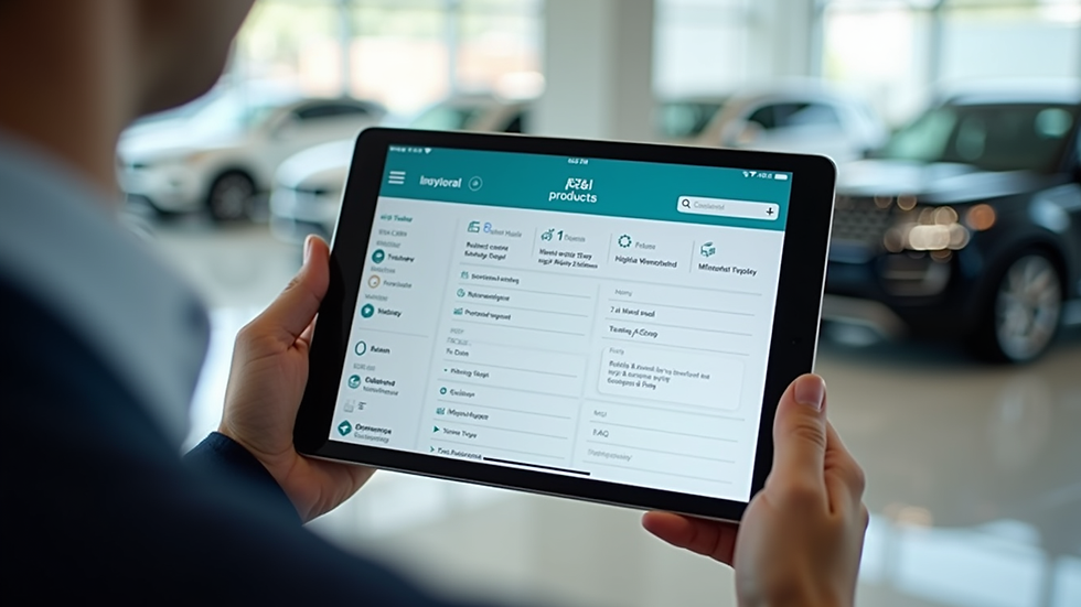 Close-up view of digital tablet displaying F&I product options in dealership showroom