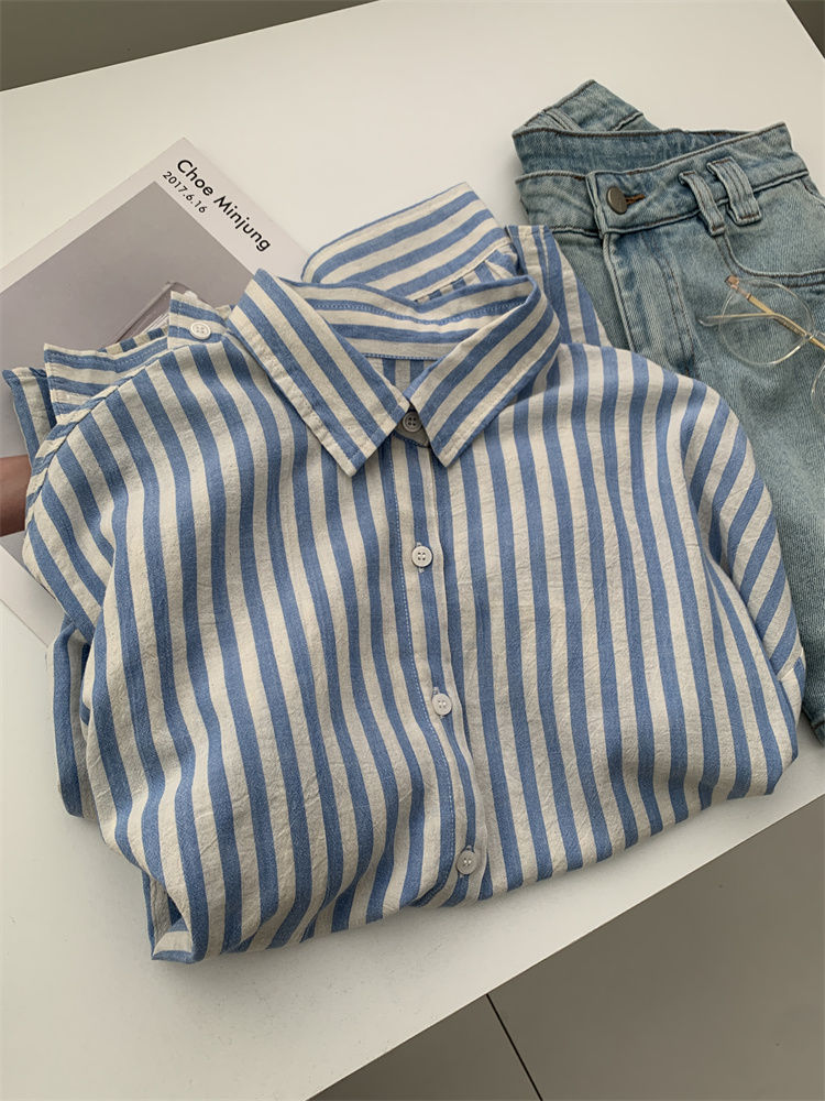 Miniatura: Blue Linen Striped Shirt for Women in Summer, Thin Sagging, Lazy and Slimming, S