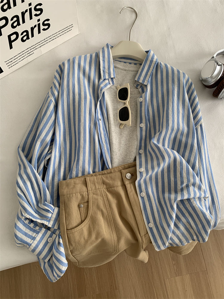 Miniatura: Blue Linen Striped Shirt for Women in Summer, Thin Sagging, Lazy and Slimming, S