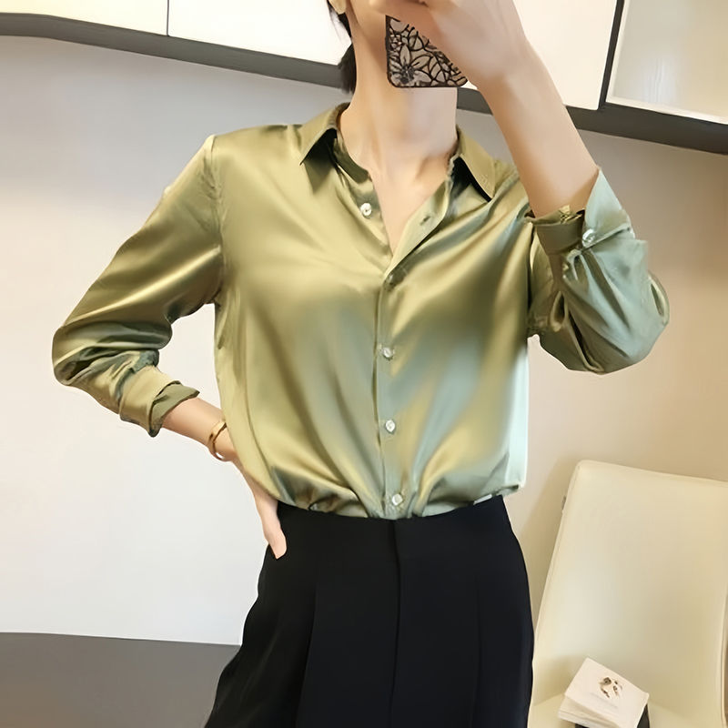 Miniatura: All-match Satin Finish Shirts And Blouses Women Clothing Casual Top OL Long Slee