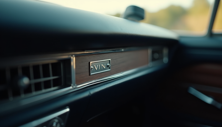 Close-up view of a car dashboard showing the VIN plate