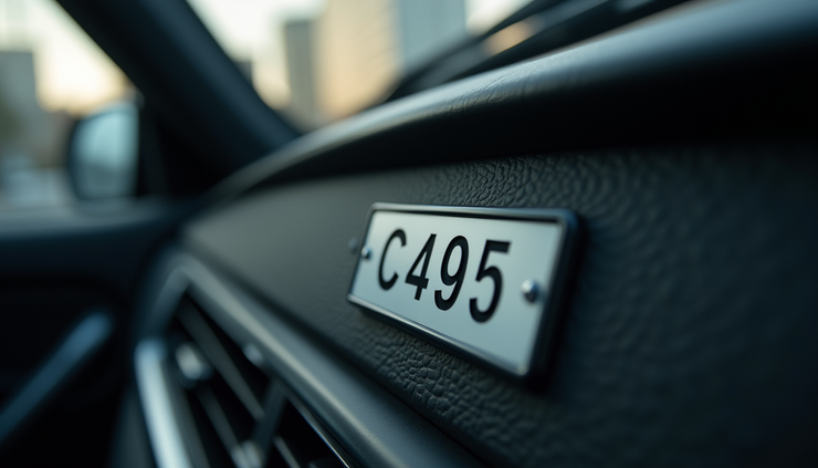 Eye-level view of a car dashboard with a vehicle identification number plate