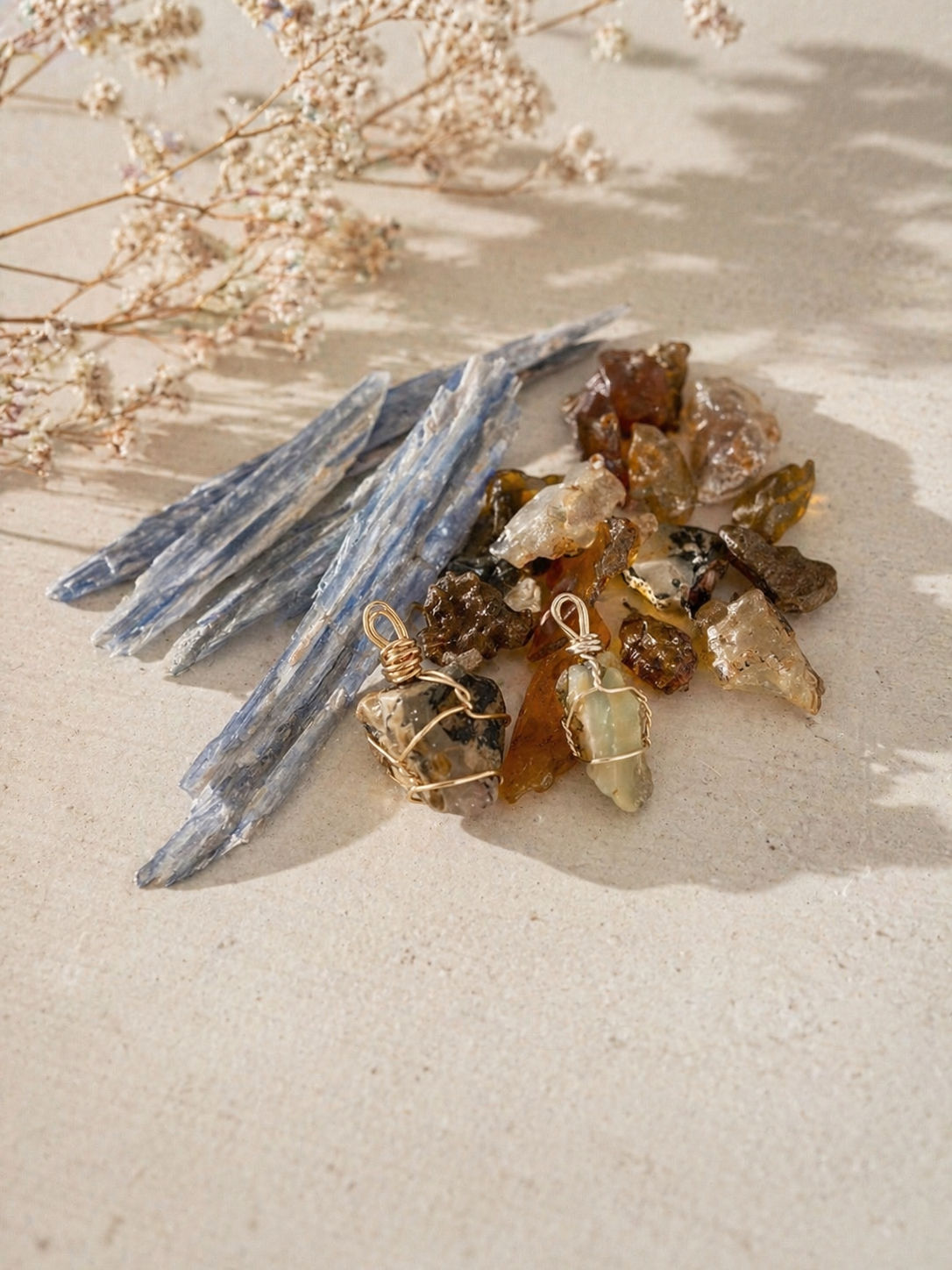Simple wrap crystal necklace- semi polished opal or blue kyanite