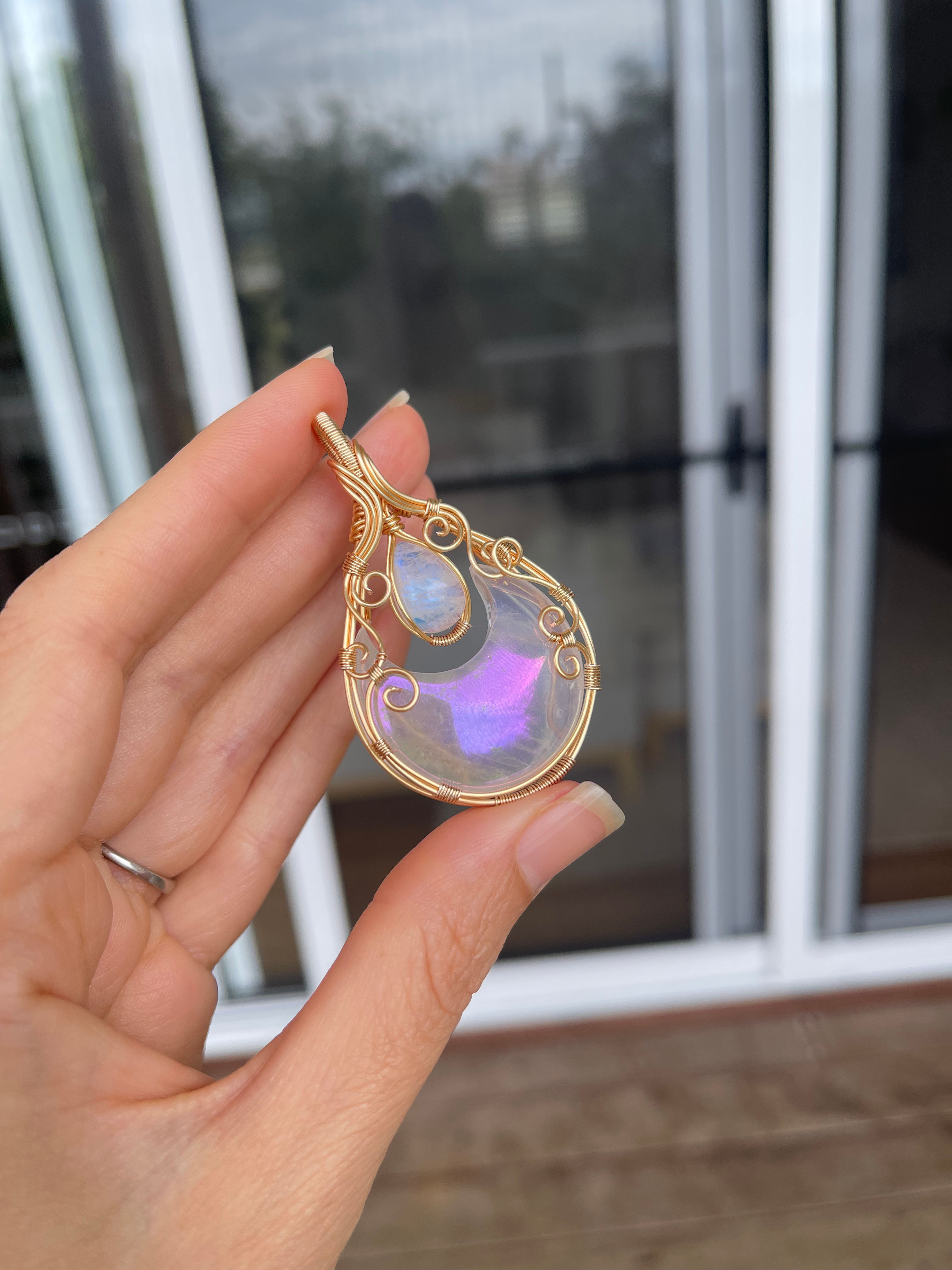 Angel aura crescent moon and rainbow moonstone