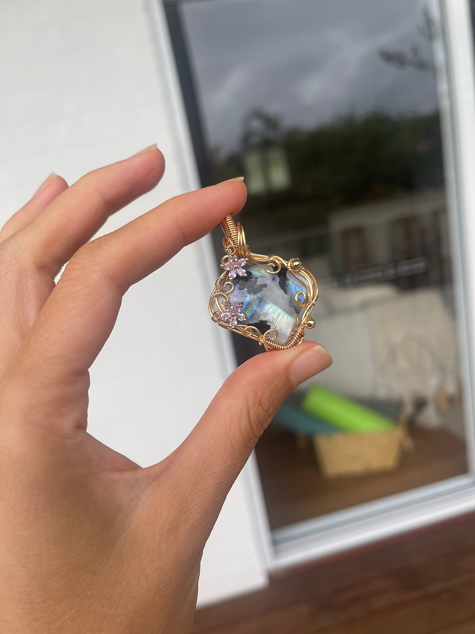 Thumbnail: rainbow moonstone with black tourmaline inclusions