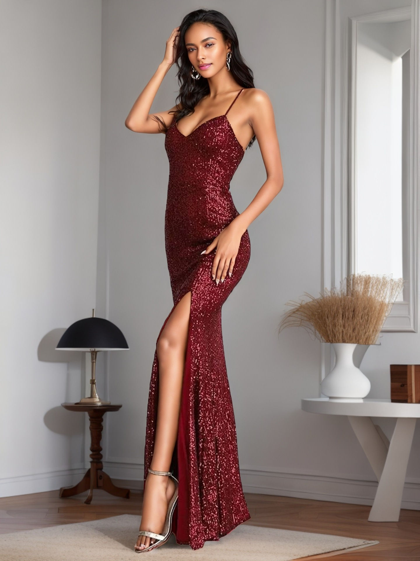Luxury Sequin Evening Gown – Deep V-Neck Floor Length Dress with Elegant Side Sl