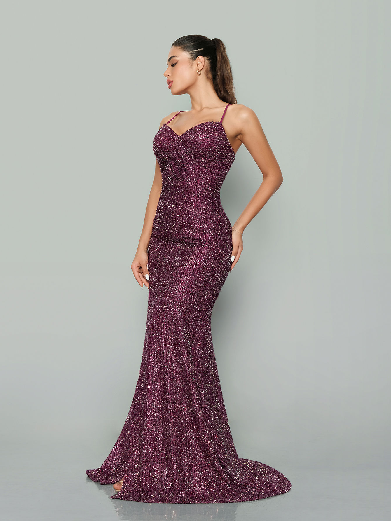 Elegant Purple Sequin Mermaid Evening Gown – Deep V-Neck Backless Formal Occasio