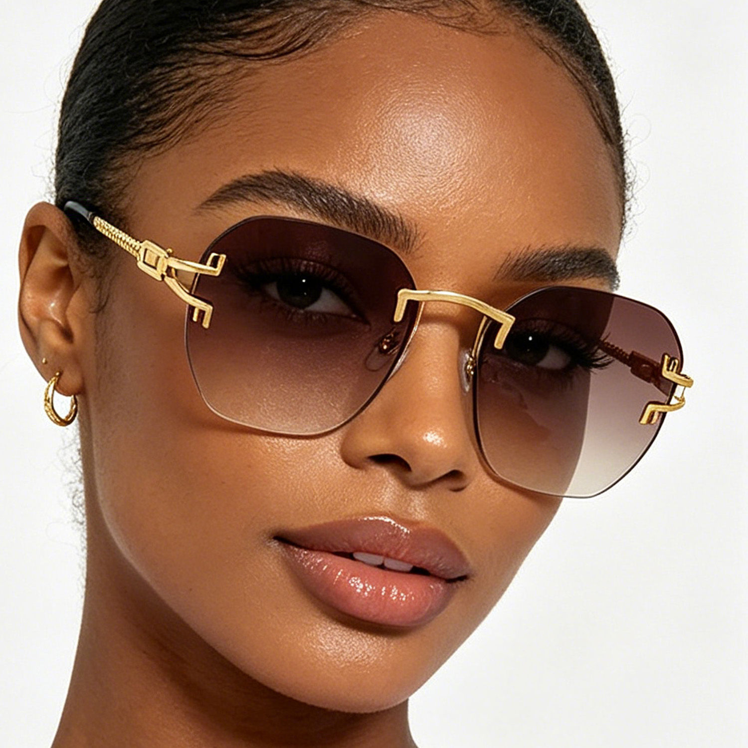 Rimless Square Sunglasses Gold Metal Frame Luxury Fashion Shades