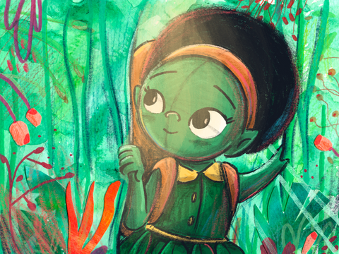 Illustration of a green-skinned girl with an afro and headband, wearing a green dress, standing in a colorful forest with tall plants and abstract shapes.