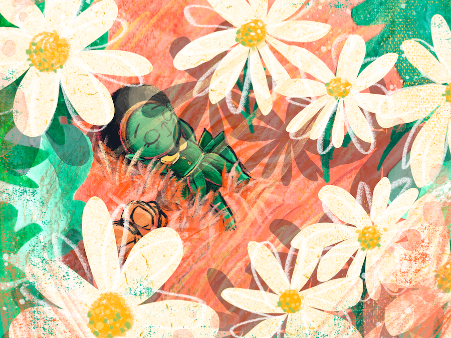 Illustration of a green creature resting amongst white flowers and textured foliage.