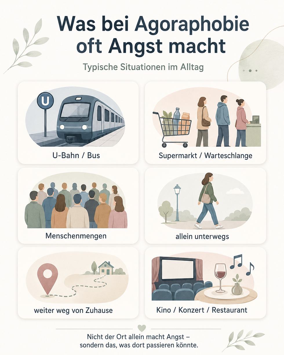 Infografik: was bei Agoraphobie oft Angst macht, typische Situationen im Alltag: U-Bahn/Bus, Supermarkt/Warteschlange, Menschenmengen, allein unterwegs, weiter weg von Zu Hause, Kino/Konzert/Restaurant