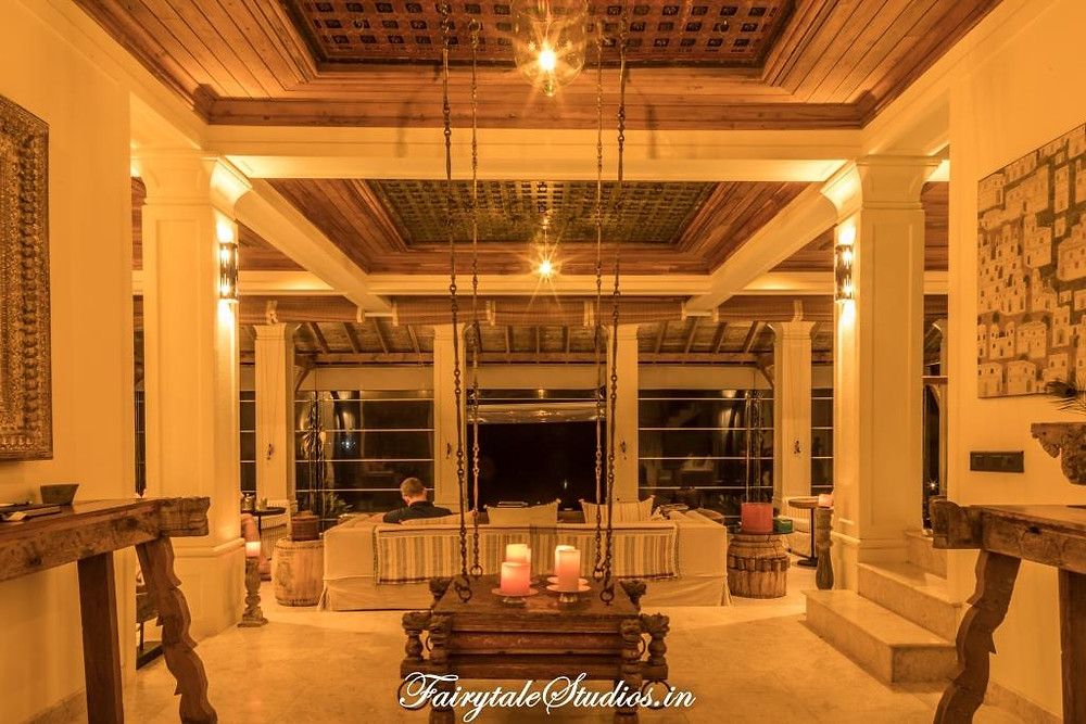 The seating area at Kahani Paradise, Gokarna, all lit up during the evening time