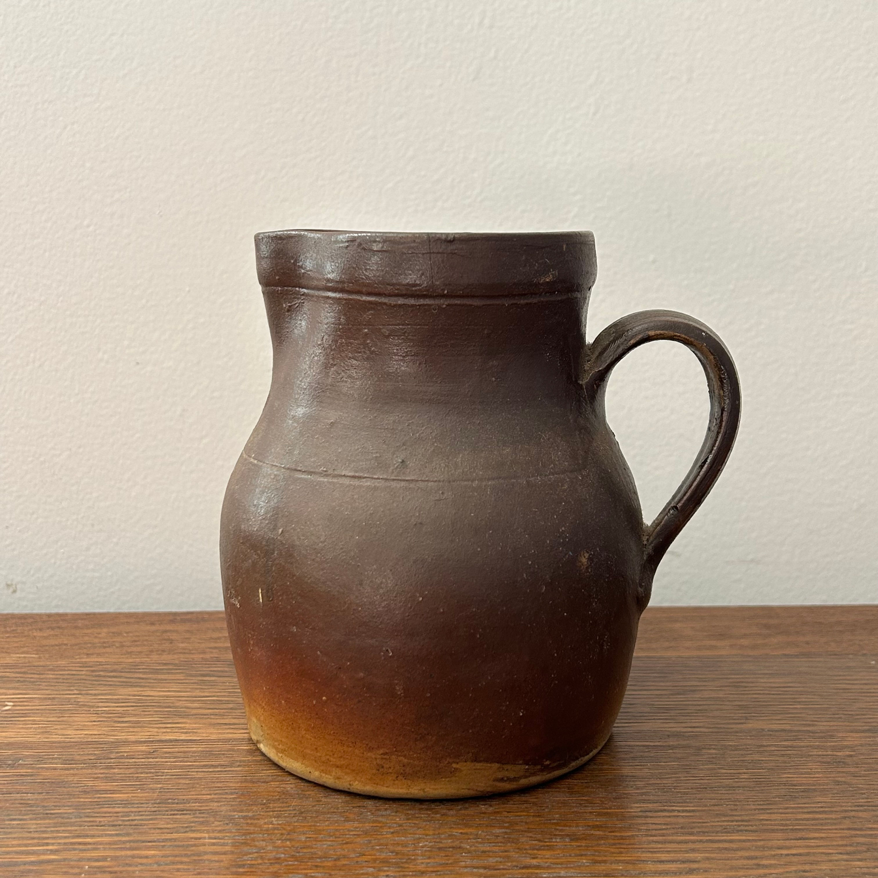 Antique Brown Glazed Redware Pitcher - Primitive American Country Pottery