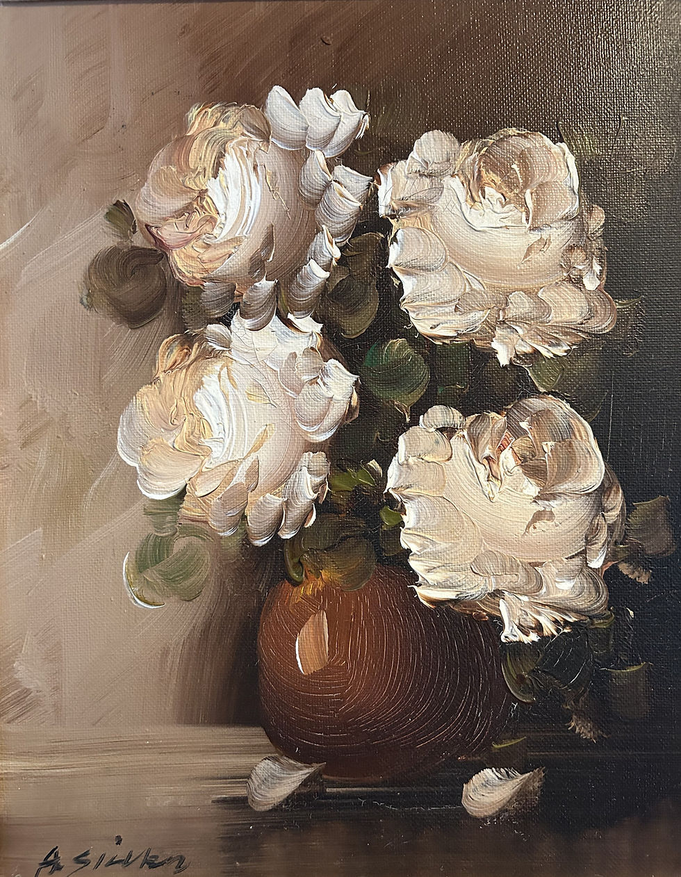 Thumbnail: Vintage Original Oil Painting of Roses in Hand-Carved Frame