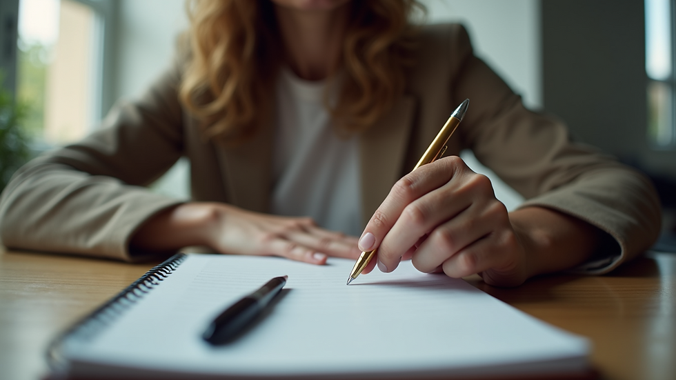 Eye-level view of a person sitting at a desk with a notebook and pen, reflecting on life transitions