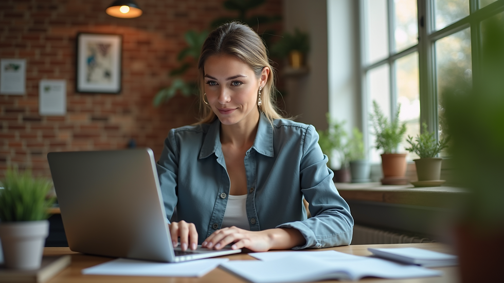 Eye-level view of a woman entrepreneur working on her laptop in a cozy office space