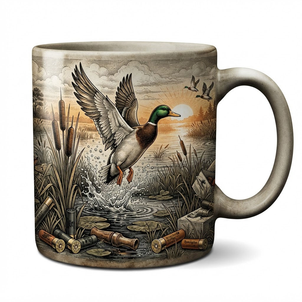 Greenheadz Waterfowl Sunrise Mug - mallard taking off from water