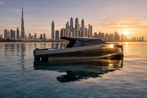 DL38 powercat in alluminio fotografato/renderizzato sull’acqua davanti allo skyline di Dubai al tramonto.