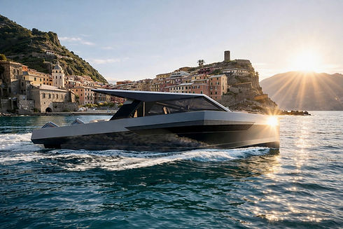 DL38 powercat in alluminio in navigazione lungo una costa mediterranea con borgo italiano e luce del tramonto.