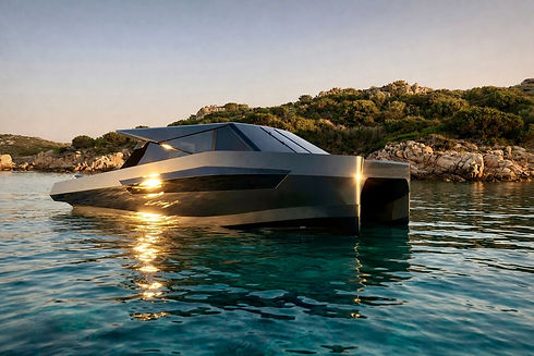 Render del DL38, catamarano a motore premium sviluppato per un’esperienza di bordo raffinata e funzionale.