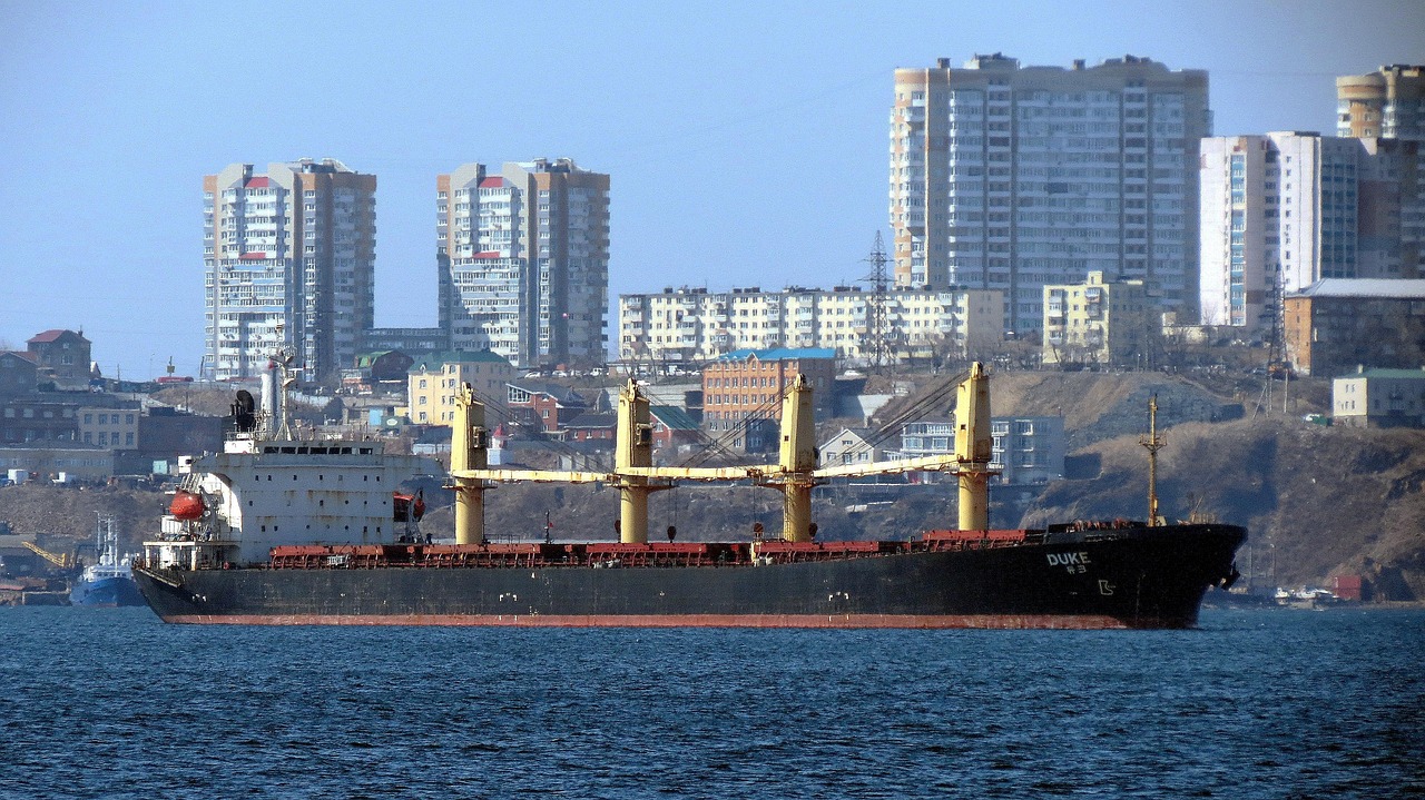 海上を航行する大型貨物船。ホルムズ海峡の通航・物流リスクを示すイメージ