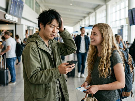 イメージ画像:英語での会話がうまく噛み合わず、戸惑う様子。