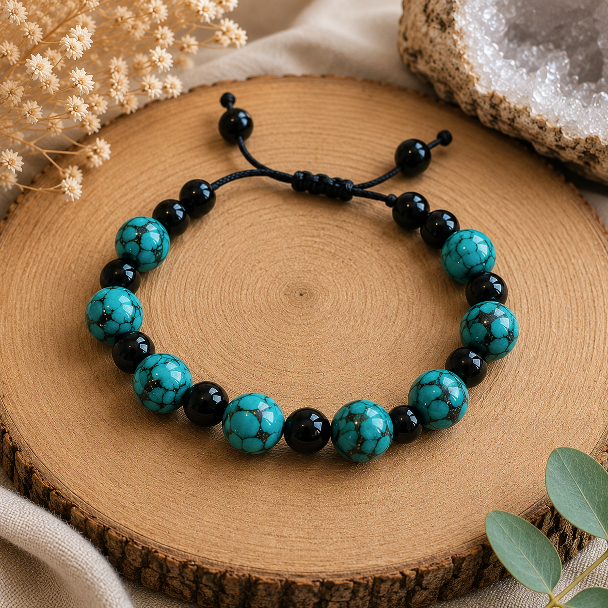 Turkoois & Zwarte Agaat Armband verstelbaar