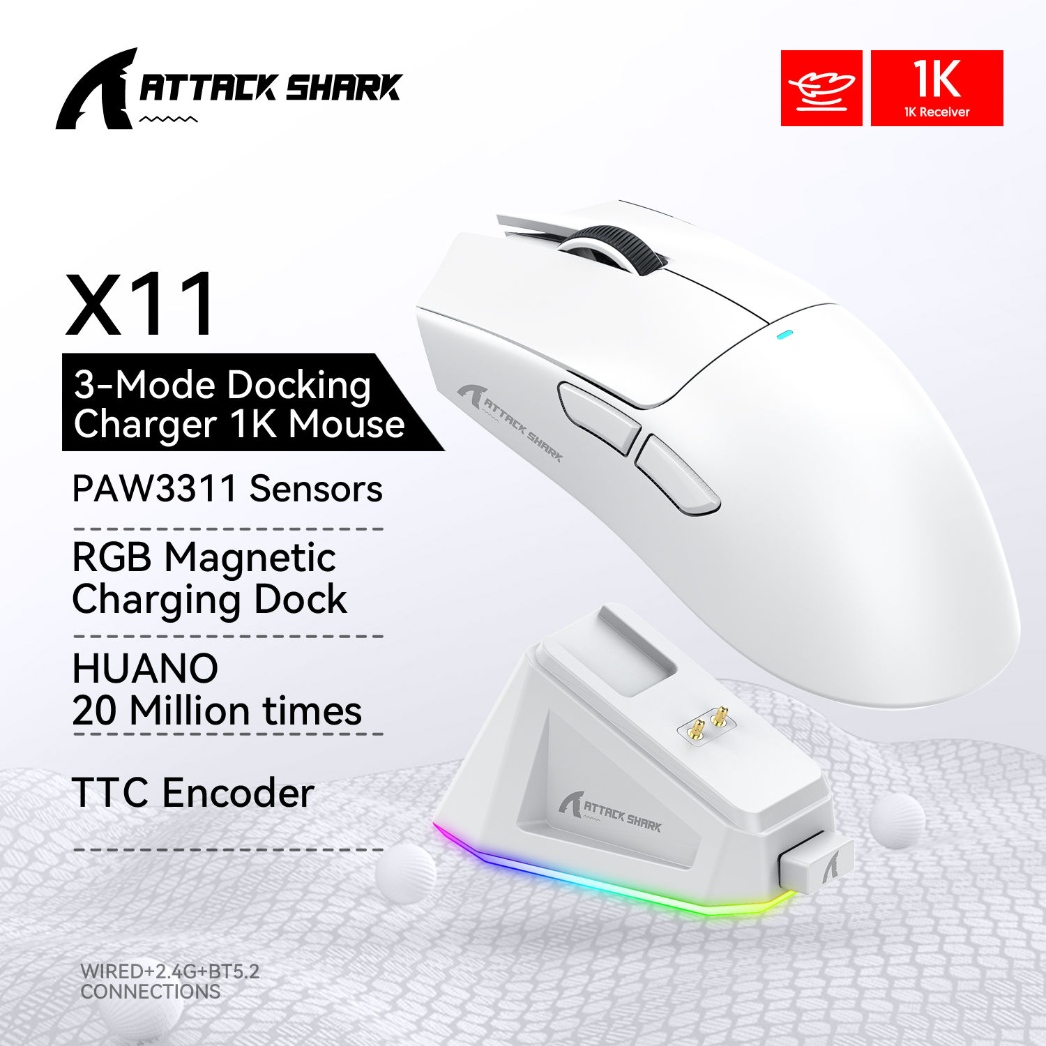 Mouse Gamer ATTACK SHARK X11 — Tri-Mode, 22.000 DPI e Dock RGB