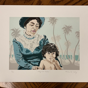A woman and child pose, with text