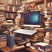 computer covered in books in a neat but messy way.jpg