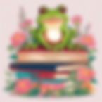 pile of books with a frog sitting on the