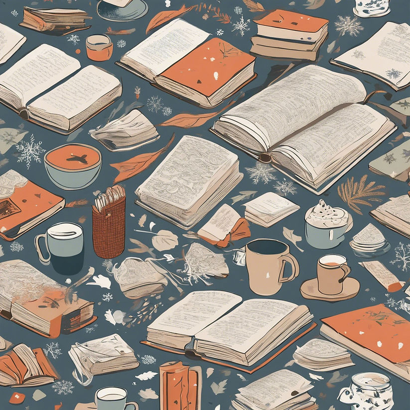 book strewn across a table top in an aesthetically pleasing pattern that incorporates wint