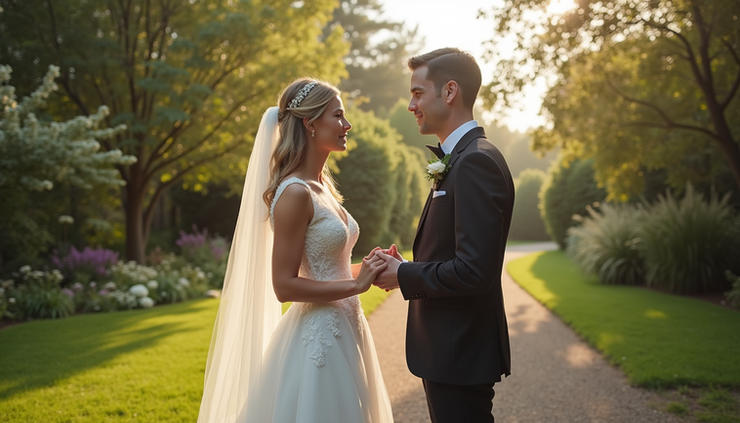 Vista a livello occhi di una coppia che si scambia le promesse di matrimonio durante la cerimonia all'aperto