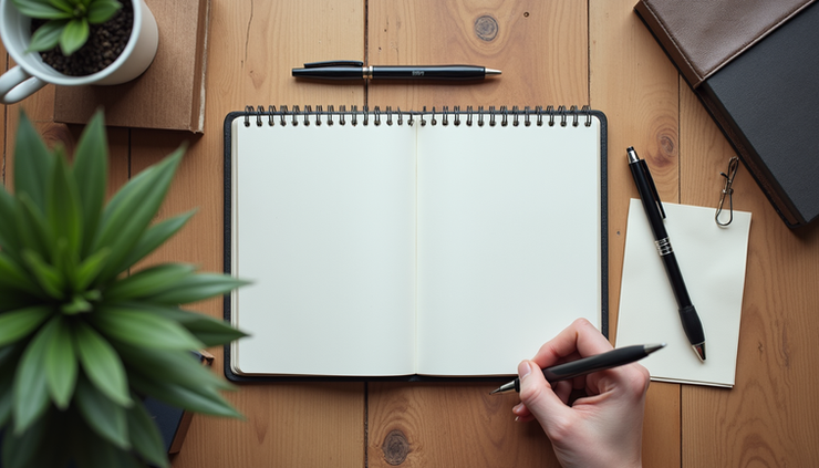 Vista dall'alto di un tavolo da lavoro con appunti, penne e un quaderno aperto per scrivere promesse di matrimonio