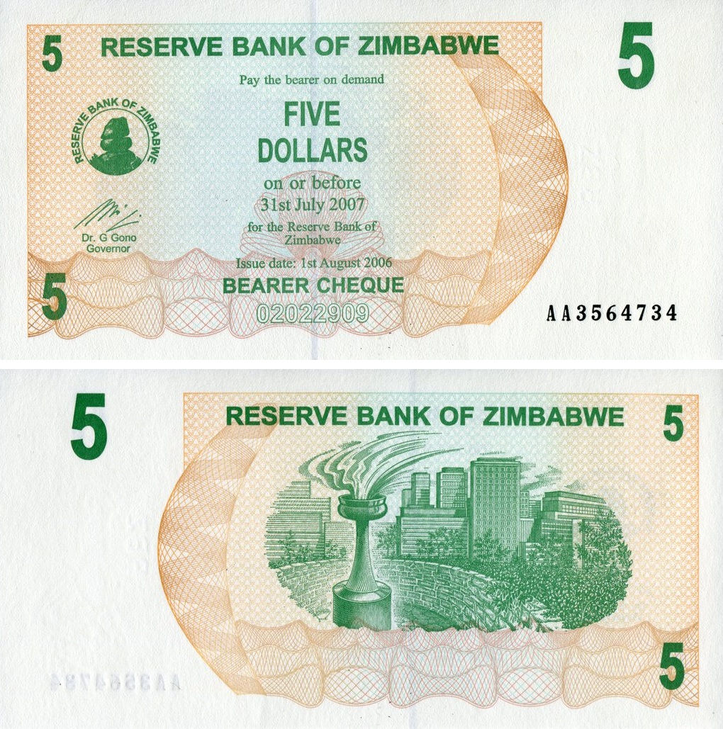 BILLET ZIMBABWE 5 DOLLARS 2006 NEUF UNC