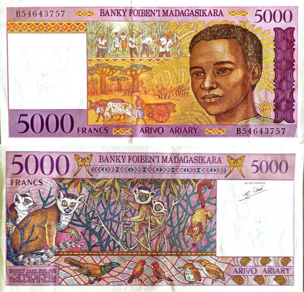 BILLET MADAGASCAR 5000 FRANCS ND(1995) SUBERBE+(SUP+) XF+
