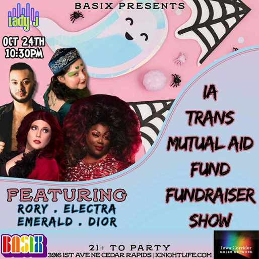 Event Poster for Iowa Trans Mutual Aid Fund featuring performers on a Halloween themed background