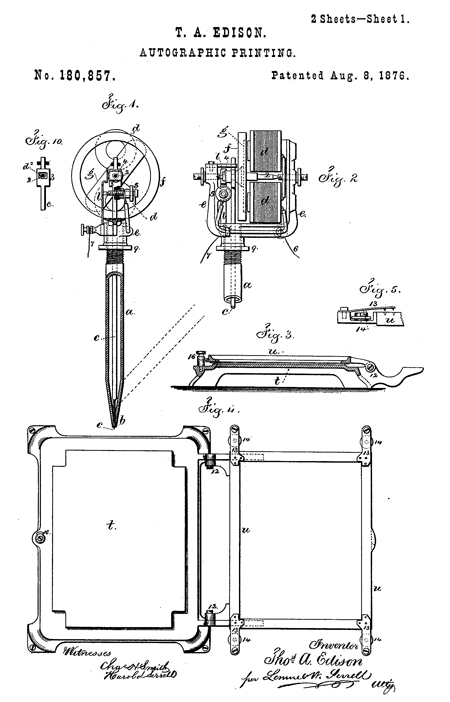 Thomas Edison's patent (180,857) for the electric pen AKA Autographic printing.